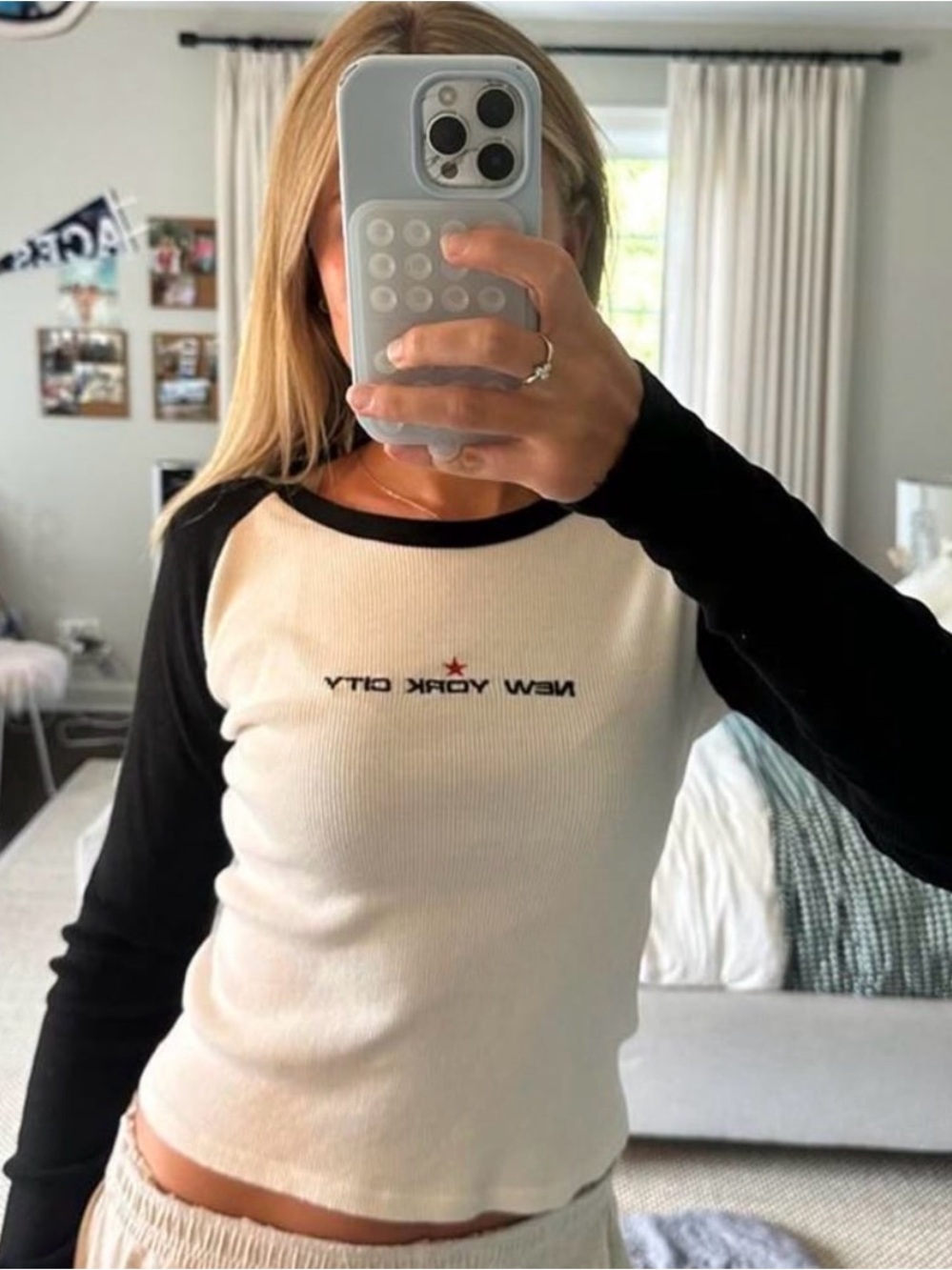 Brandy Melville New York City blue long sleeve baseball top